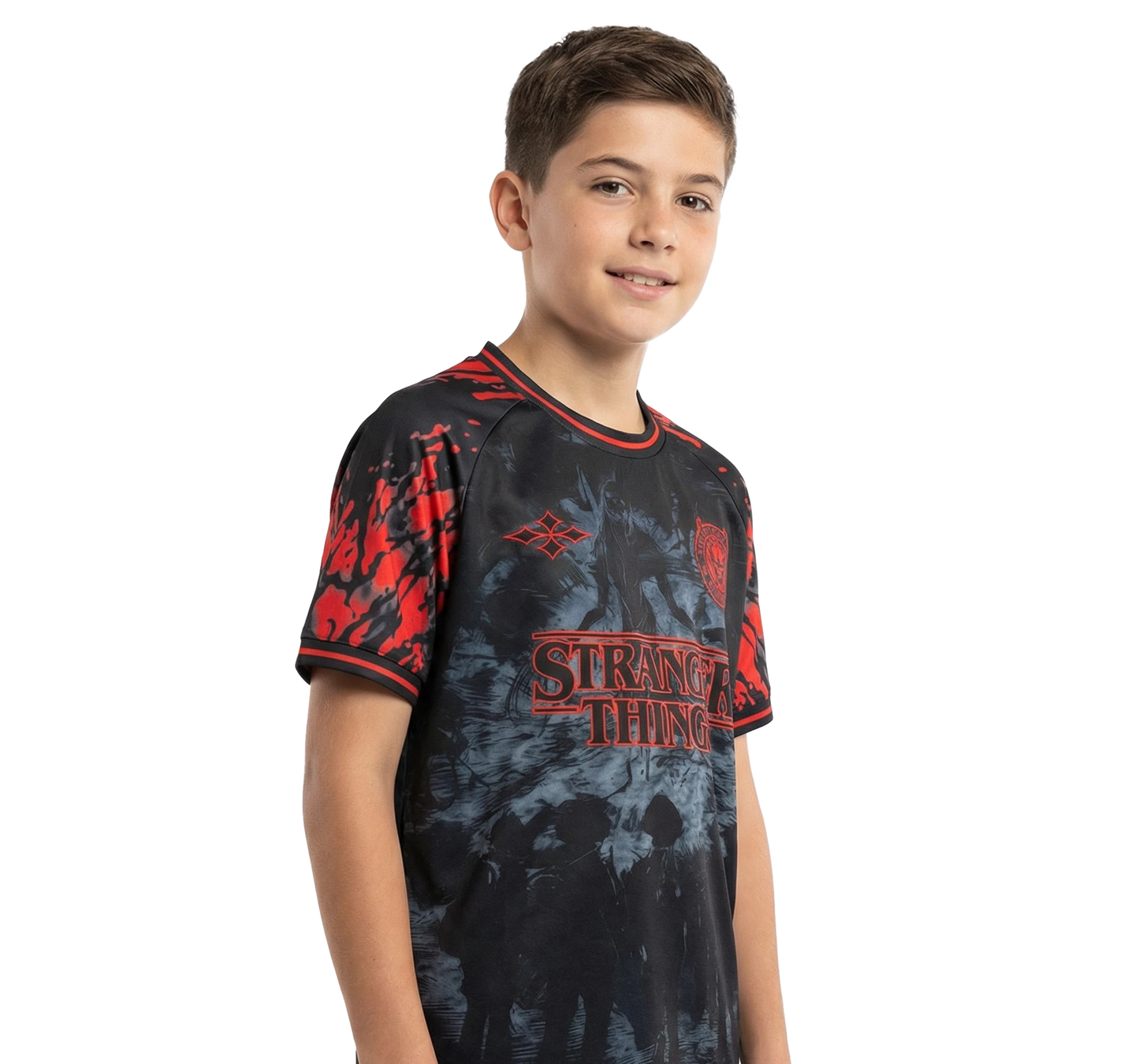 Stranger Things kids football shirt black red front - Vesterez