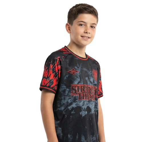 Stranger Things kids football shirt black red front - Vesterez